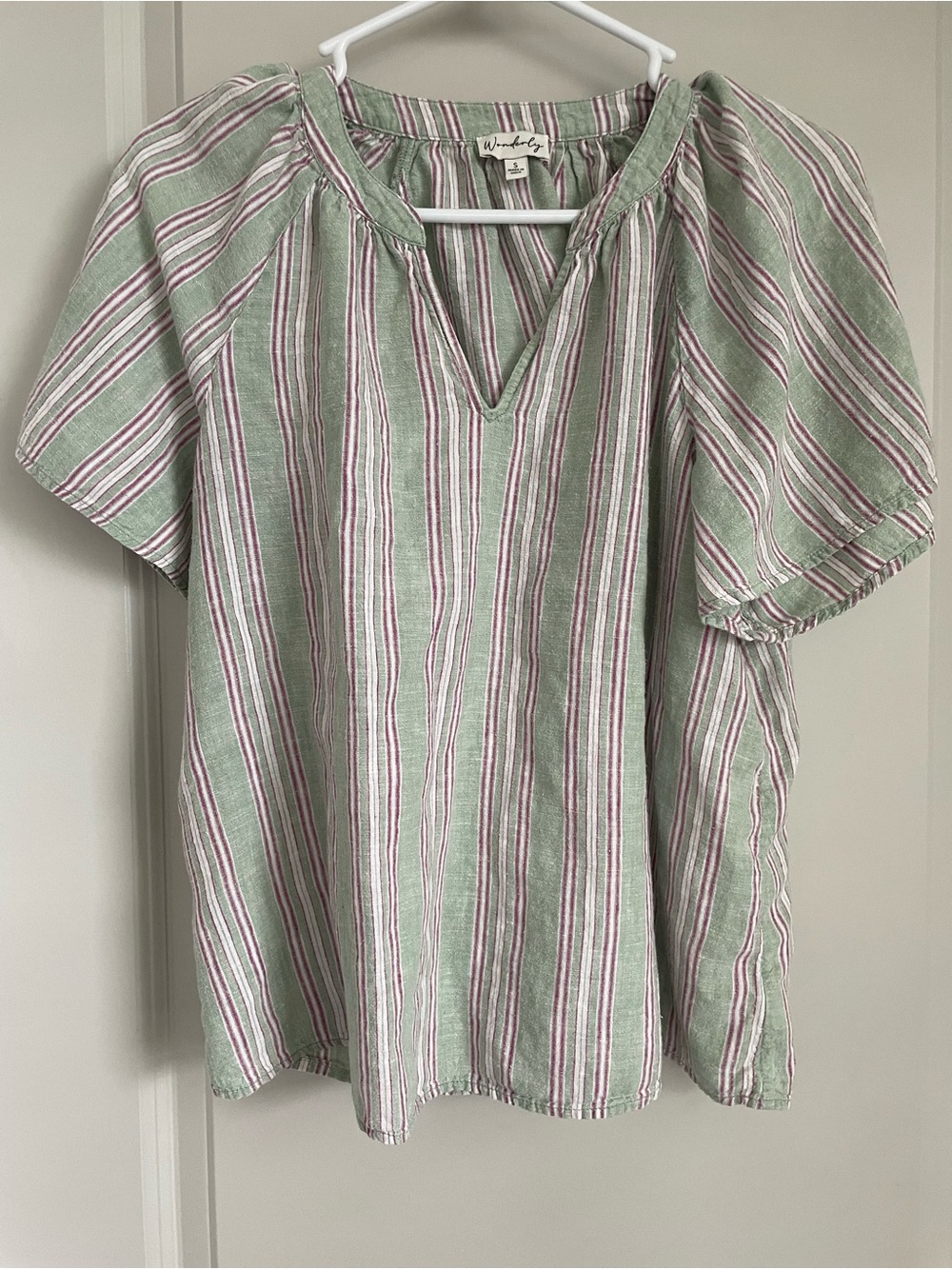 Wonderly Sage Green Striped Linen Blend Puff Sleeve Blouse | Size S